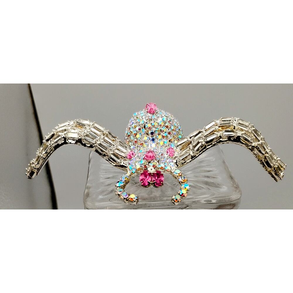 Large Vintage 5” AB Rhinestone Spider Brooch Pink Crystal Glam Pin